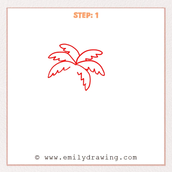 how to draw a cartoon beach - A simple cartoon beach start with a palm tree top—five curved fronds with zigzag edges spreading from a center point.
